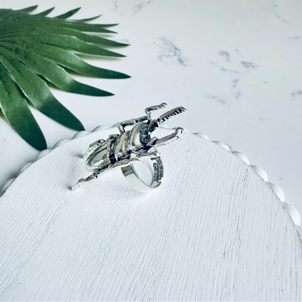 2/$30🌵 Stag Beetle Entomology Antiqued Silver Ring Bug Jewelry NEW Adjustable